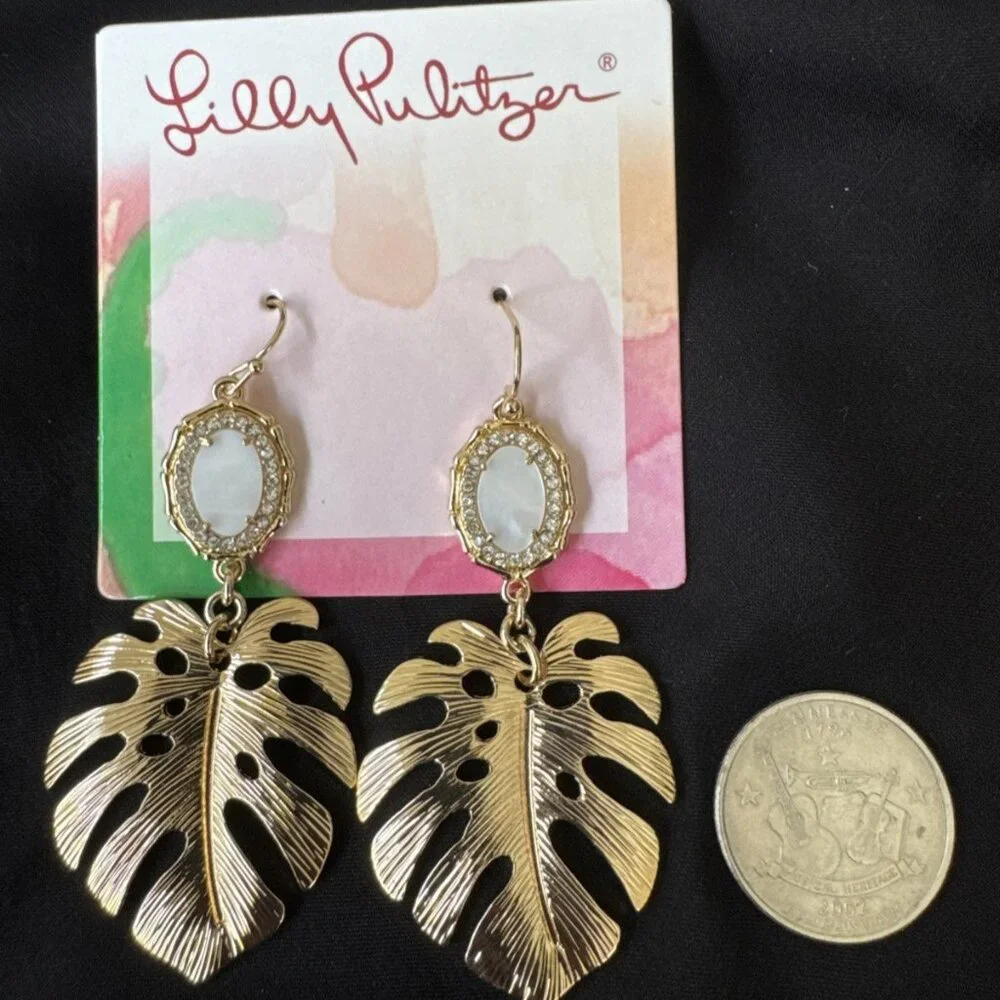 NWT Lilly Pulitzer Earrings Goldtone CZ Monstera Leaves Dangle Pierced NEW